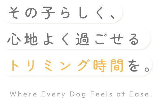 その子らしく、心地よく過ごせるトリミング時間を。Where Every Dog Feels at Ease.